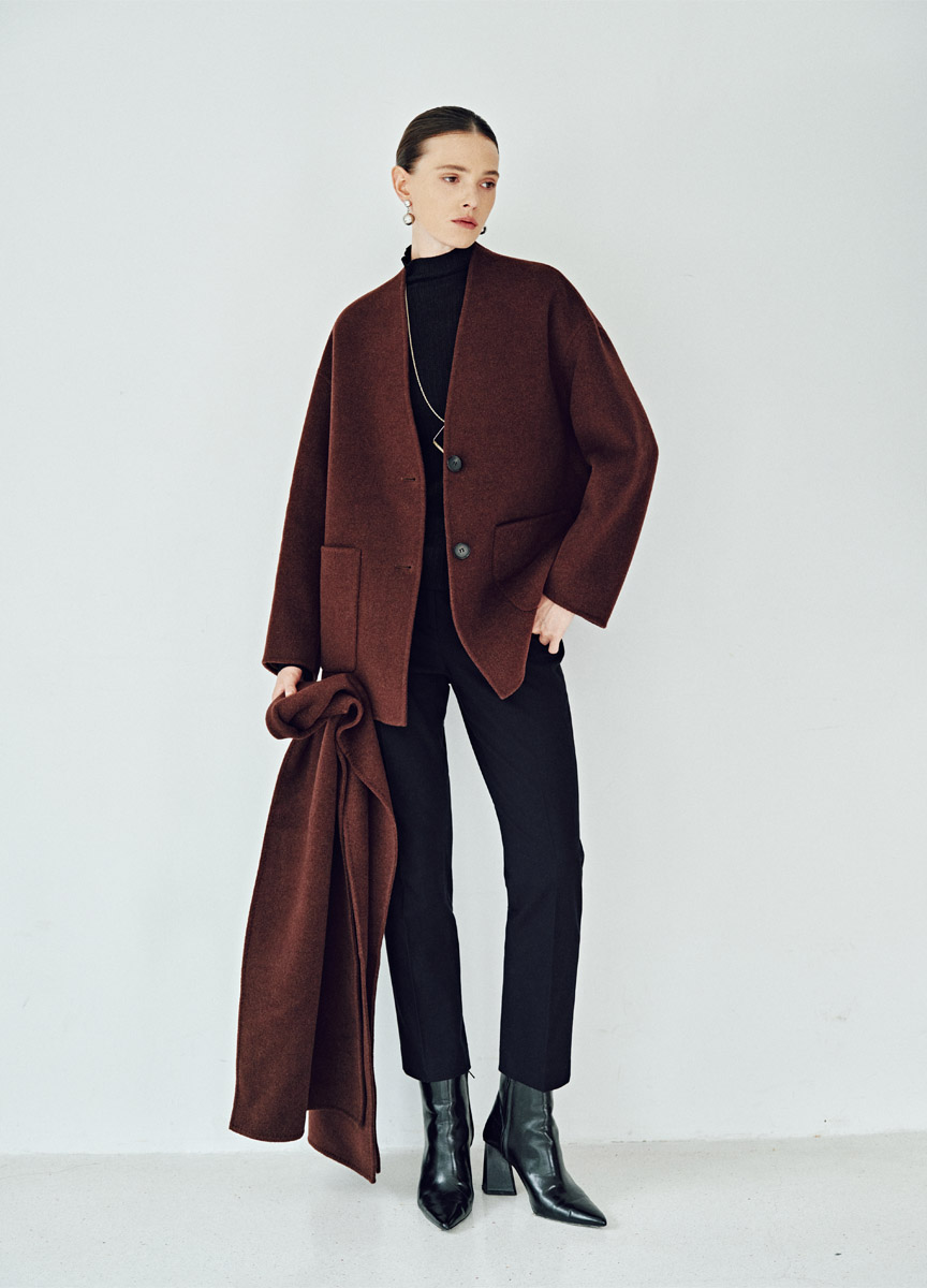 質感混羊絨無領口袋短大衣